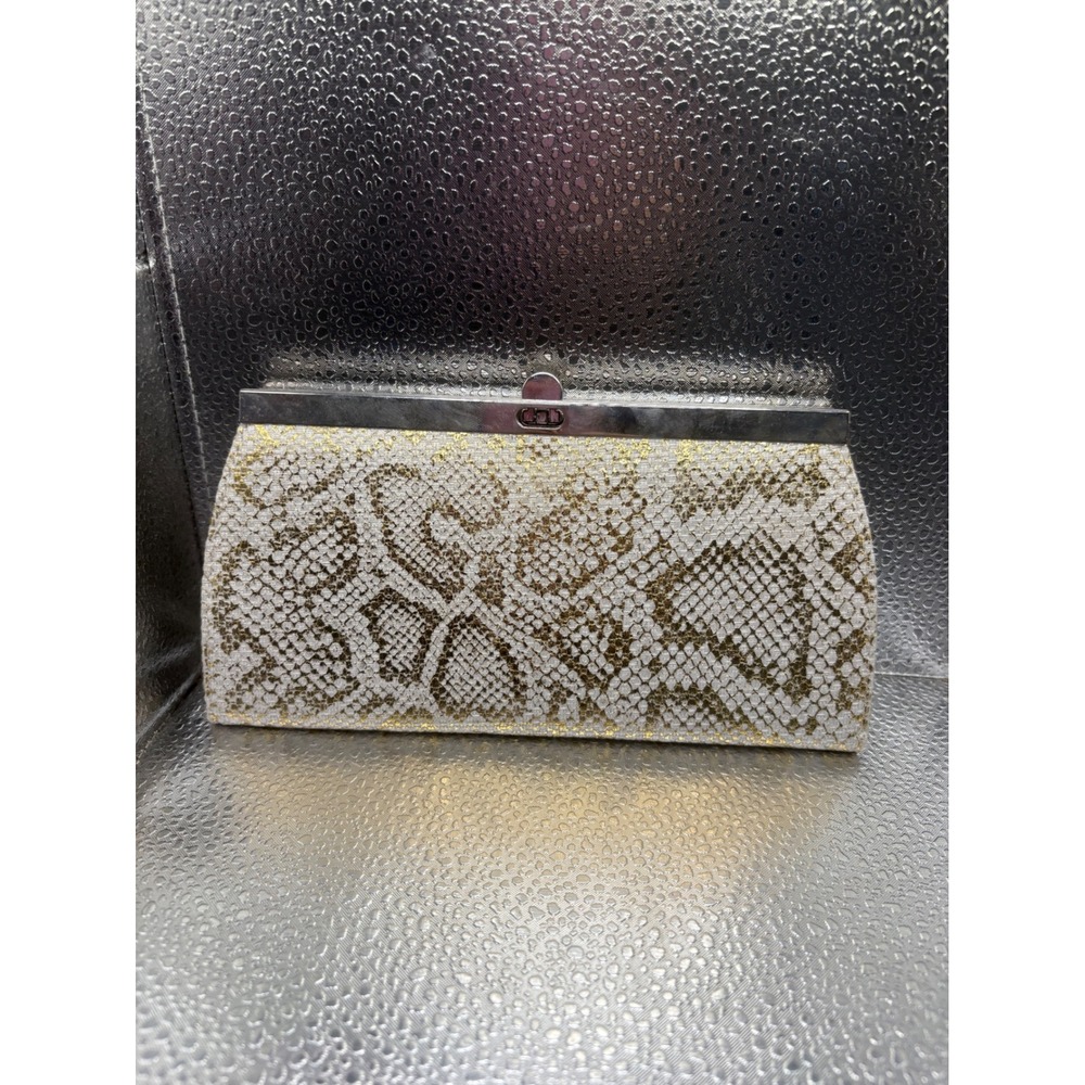 Snakeskin Print Metallic Gold White Evening Clutch Bag Silver‎ Frame Box Purse